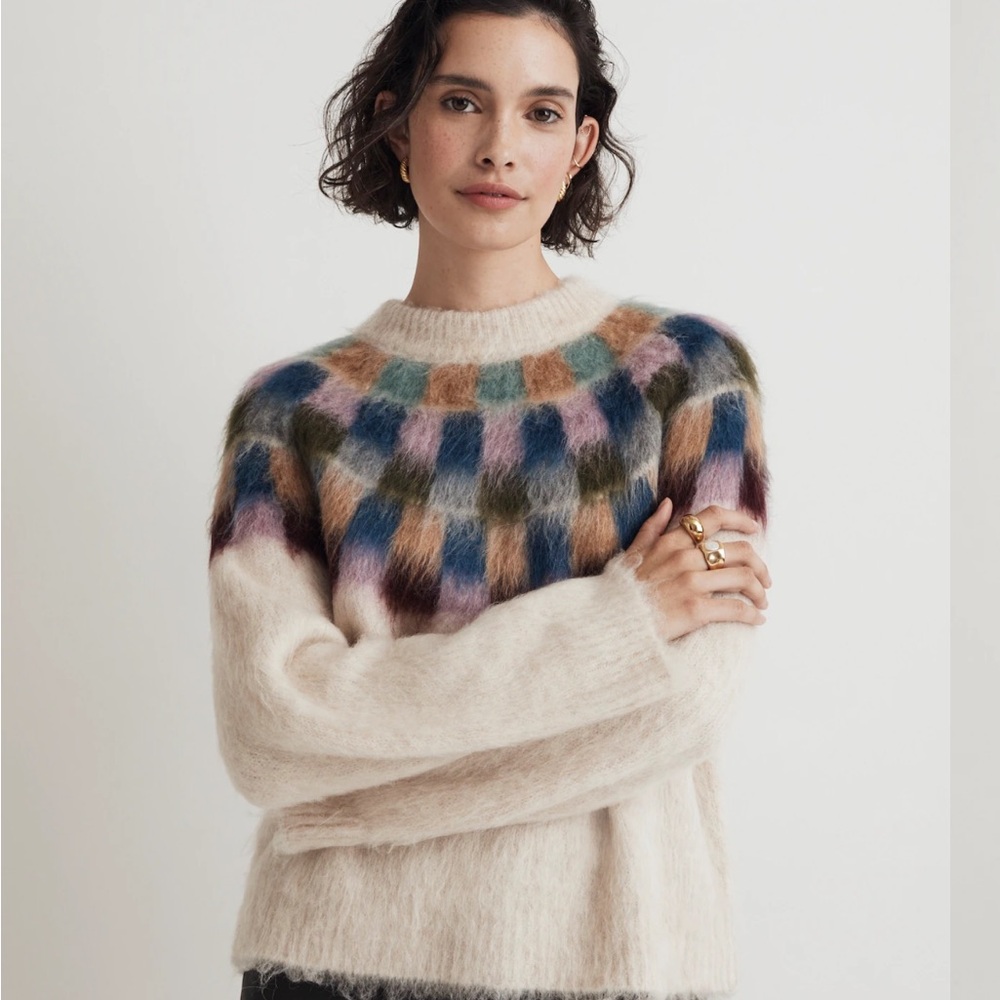 Madewell Brushed Checkerboard Fair Isle Oversized Sweater NWT size XS